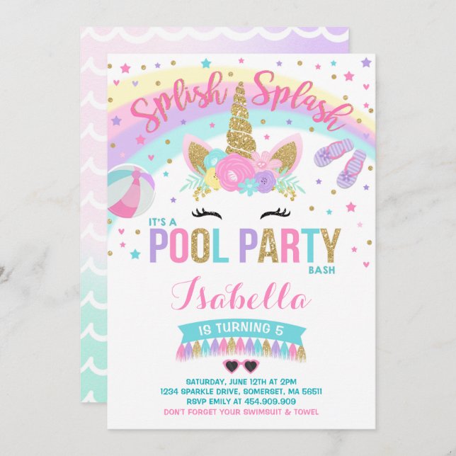 Unicorn Pool Party Invitation Pool Birthday Party (Devant / Derrière)