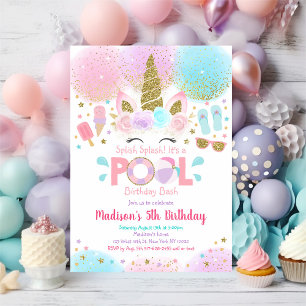 Unicorn Pool Party Pink Gold Invitation Anniversai