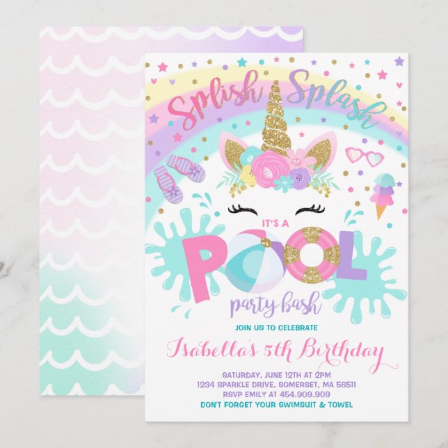 Unicorn Pool Pool Invitation Pool Anniversaire (Devant / Derrière)