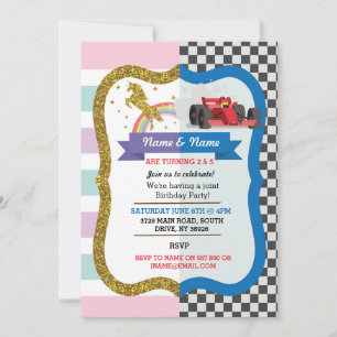 Unicorn & Race Car Joint Garçon Fille Invitations 