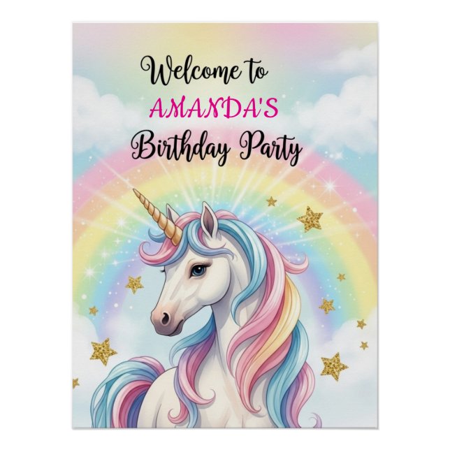 Unicorn Rainbow 1st Birthday Party Welcome Poster (Devant)