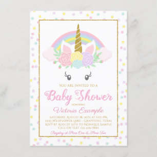 Unicorn Rainbow Baby Girl Shower Invitations