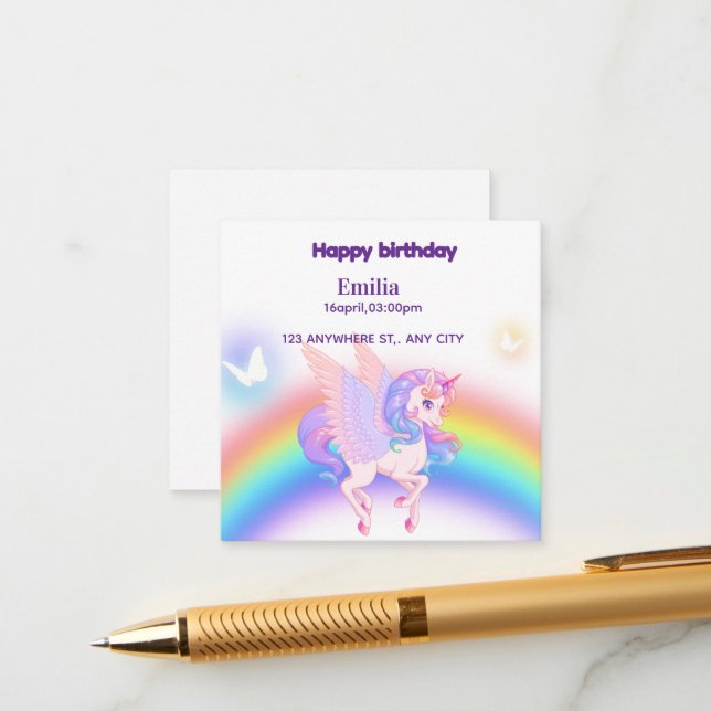 Unicorn Rainbow Birthday Invitation Enclosure Card (Devant/Arrière en situation)