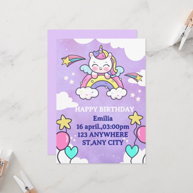 Unicorn Rainbow Birthday Invitation Invitation (Devant/Arrière en situation)