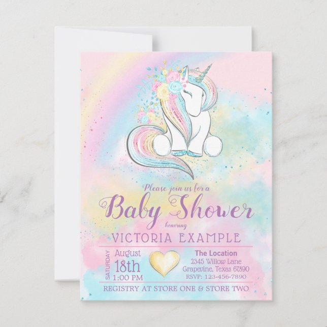 Unicorn Rainbow Girl Baby Shower Invitations (Devant)