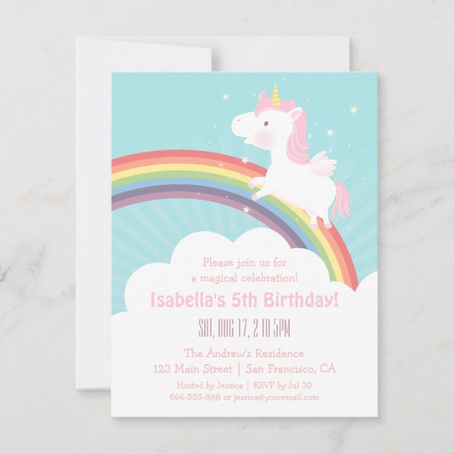 Unicorn Rainbow Girls Birthday Party Invitations (Devant)