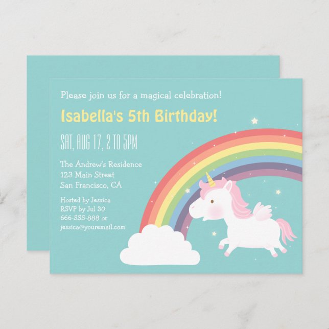 Unicorn Rainbow Girls Birthday Party Invitations (Devant / Derrière)