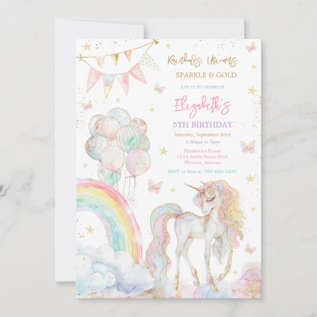 Unicorn Rainbow Gold Birthday Invitation (Devant)