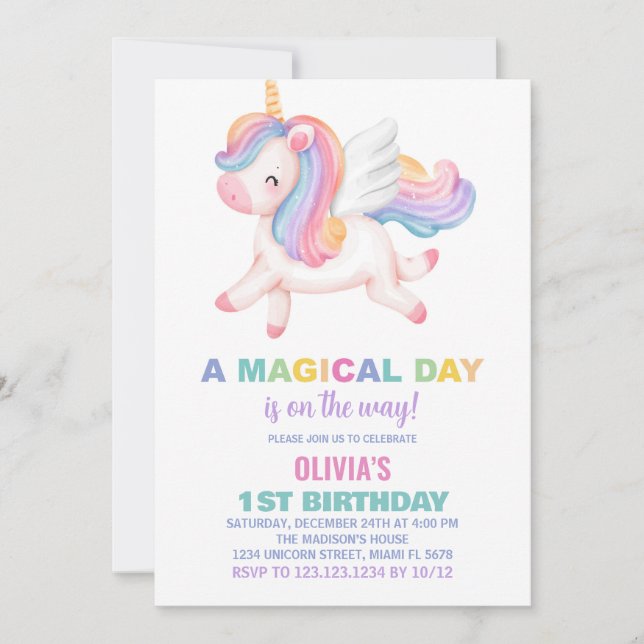 Unicorn Rainbow Invitations d'anniversaire (Devant)