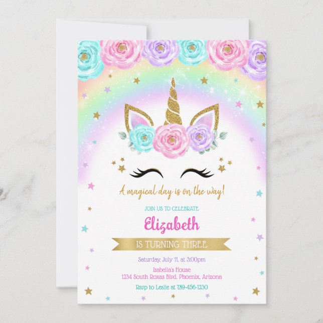 Unicorn Rainbow Magical Birthday Invitation (Devant)