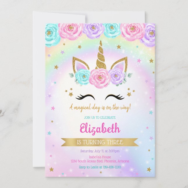 Unicorn Rainbow Magical Birthday Invitation (Devant)