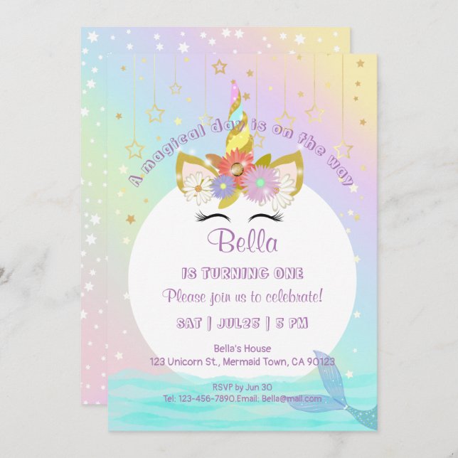 Unicorn Rainbow Mermaid Invitations pour le premie (Devant / Derrière)