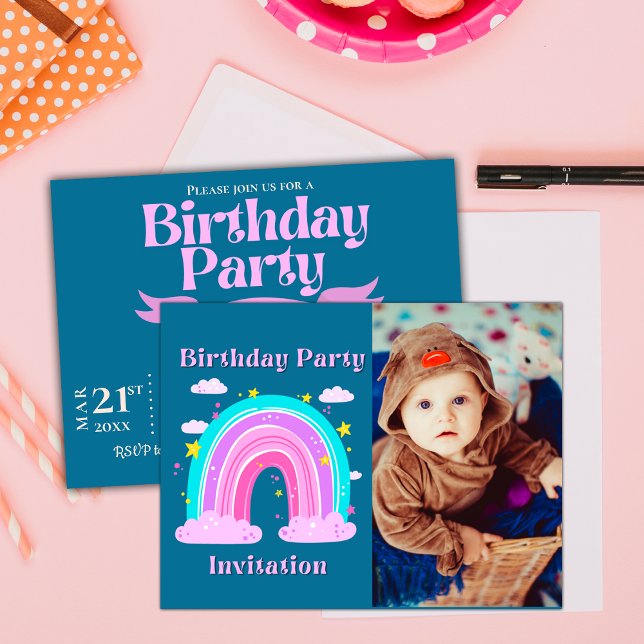 Unicorn Rainbow Photo Invitation Anniversaire de e (Unicorn Rainbow Photo Birthday Party Invitation Postcard)