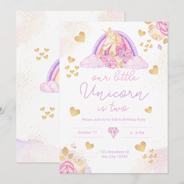 Unicorn Rainbow Pink Invitation d'anniversaire pou (Devant / Derrière)