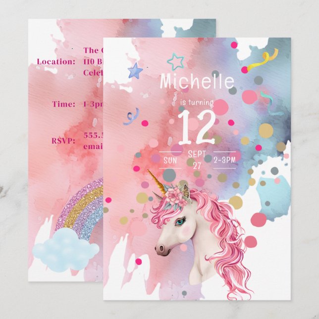 Unicorn Retro Invitation Anniversaire (Devant / Derrière)