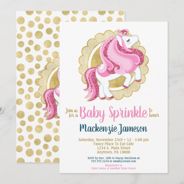 Unicorn Rose Gold Girls Baby Sprinkle Invitation (Devant / Derrière)