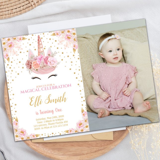 Unicorn rose Invitations d'anniversaire avec photo (Unicorn Pink Birthday Invitations with photo)