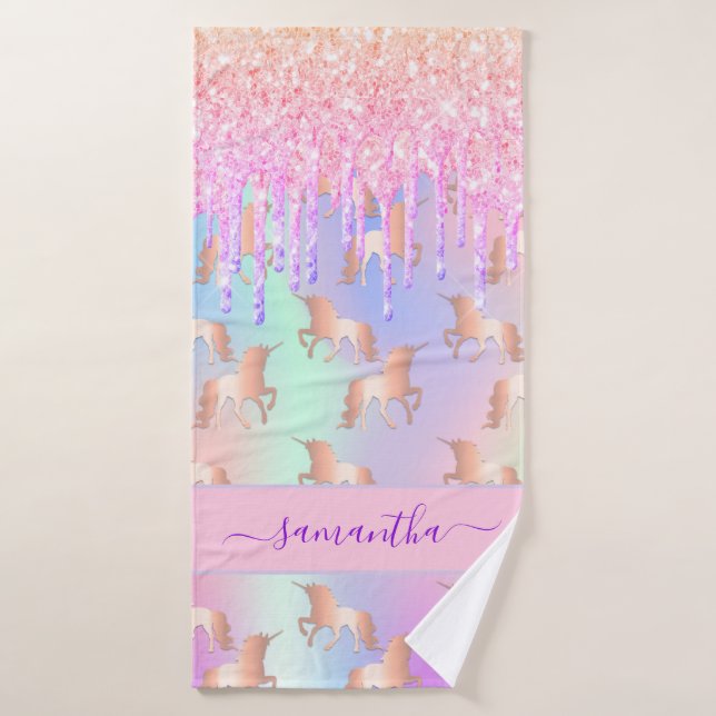 Unicorn rose violet goutte nom holographique (Serviette de bain)