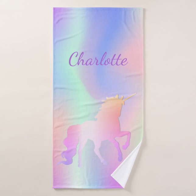 Unicorn rose violet nom holographique fille (Serviette de bain)
