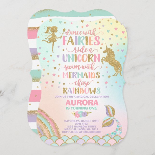 Unicorn Sirène Et Fée Invitation Anniversaire (Devant / Derrière)