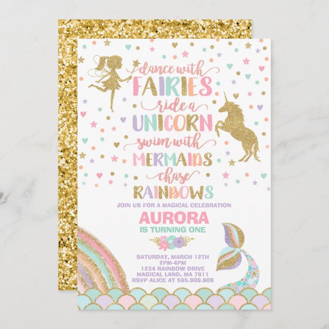 Unicorn Sirène Et Fée Invitation Anniversaire (Devant / Derrière)