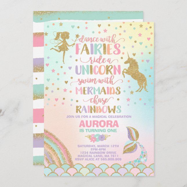 Unicorn Sirène Et Fée Invitation Anniversaire (Devant / Derrière)