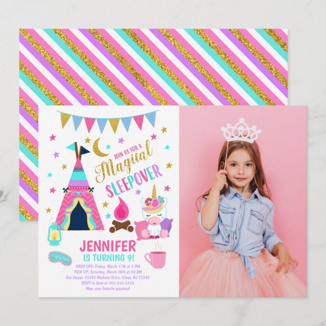Unicorn Sleepover Party Birthday Invitation (Devant / Derrière)