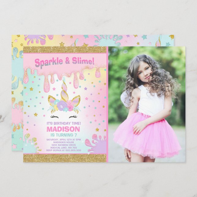 Unicorn Slime Anniversaire Invitation Slime Party (Devant / Derrière)
