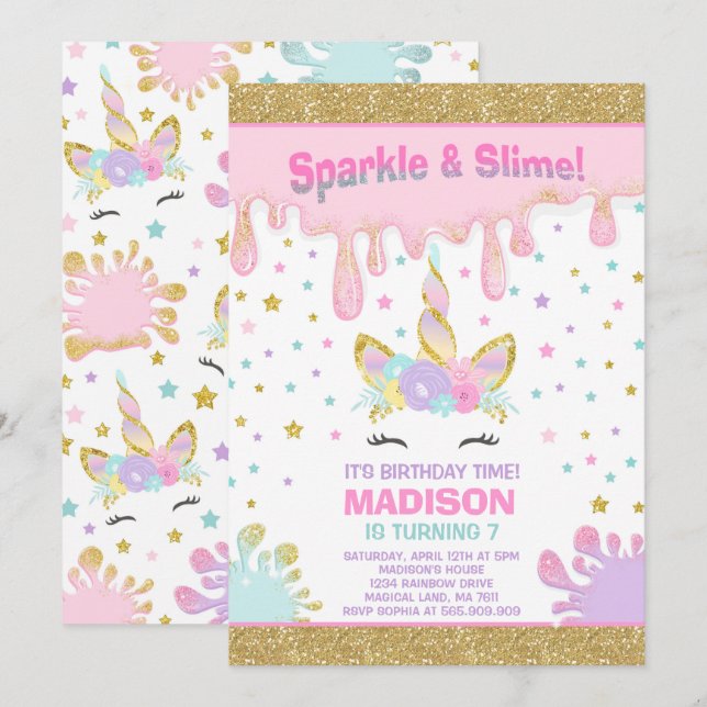 Unicorn Slime Anniversaire Invitation Slime Party (Devant / Derrière)
