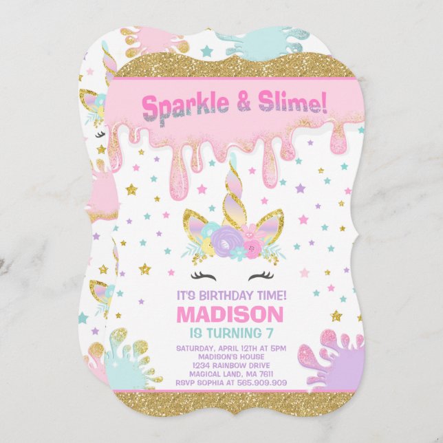 Unicorn Slime Anniversaire Invitation Slime Party (Devant / Derrière)