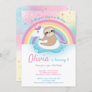 Unicorn Sloth Pool Party Anniversaire Invitation F