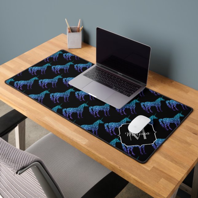 Unicorn Sparkles aqua blue ombre noir Monogramme (Bureau 2)
