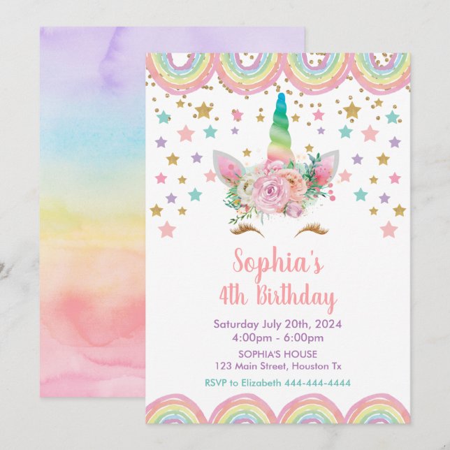 Unicorn stars rainbow Birthday Invitation (Devant / Derrière)