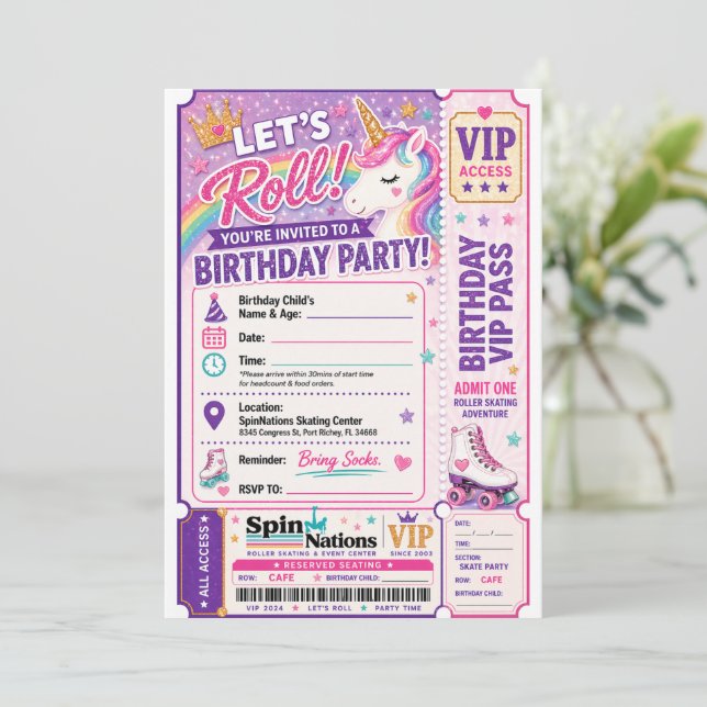 Unicorn Themed Birthday Invitation Spinnations (Debout devant)