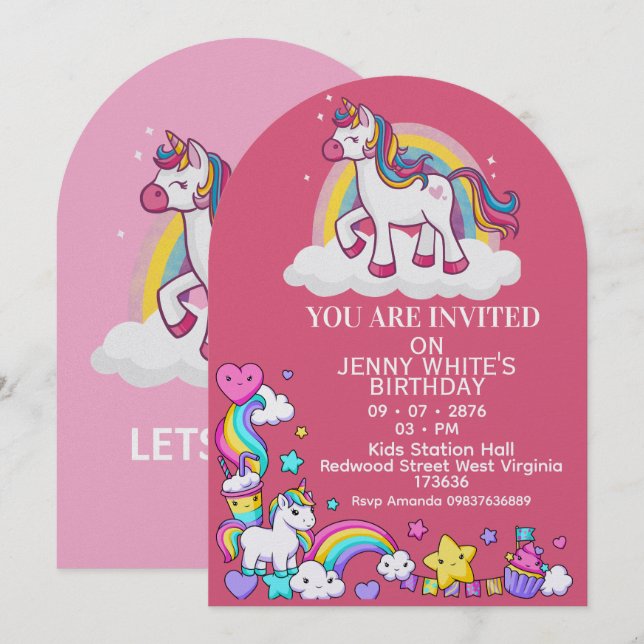 Unicorn Themed Girl Birthday Invitation  (Devant / Derrière)