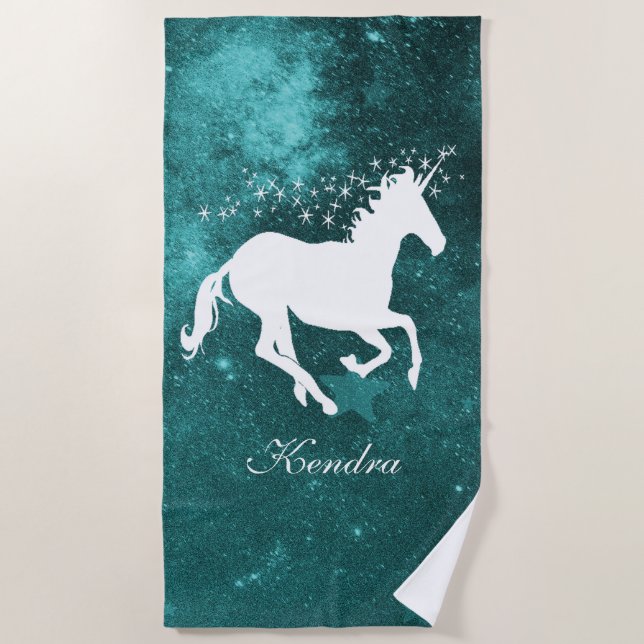 Unicorn turquoise Serviette de plage personnalisée (Devant)