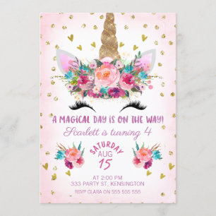 Unicorn Visage Floral Anniversaire Invitation