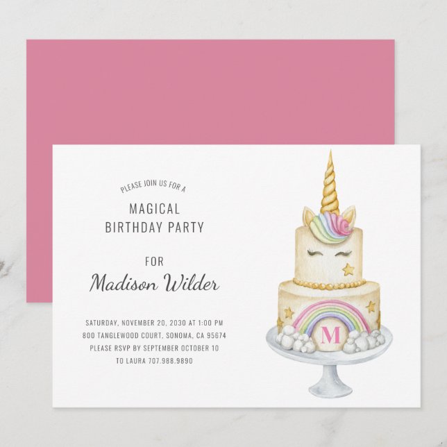 Unicorn Watercolor Cake Invitation Anniversaire (Devant / Derrière)