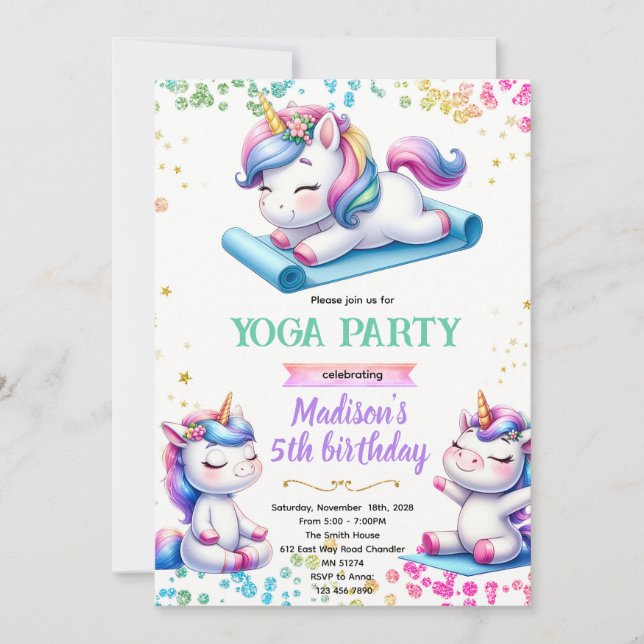 Unicorn yoga birthday party invitation (Devant)