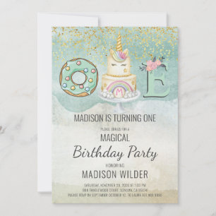 Unicorne 1er anniversaire Aqua Pink Invitation
