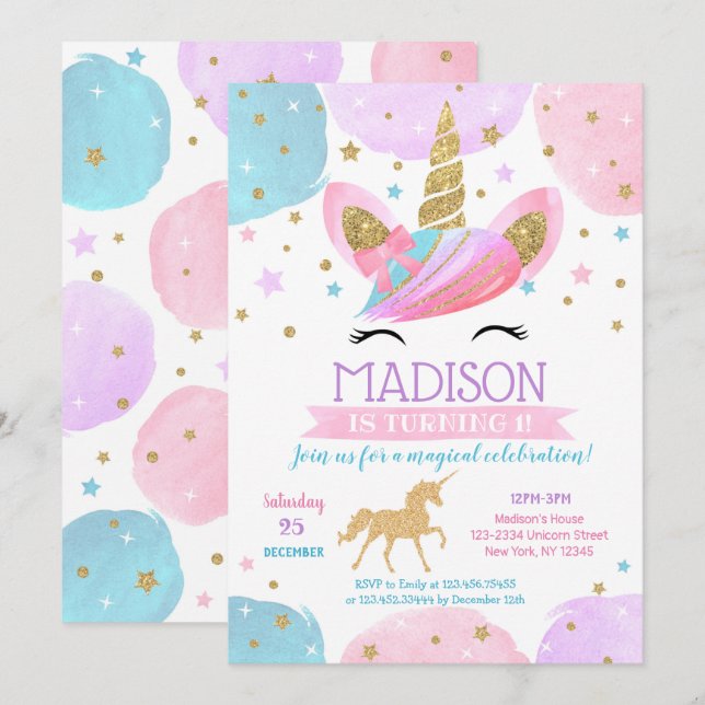 Unicorne 1er anniversaire fêtes Invitations arc-en (Devant / Derrière)