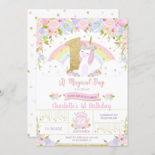 Unicorne 1er anniversaire Invitation Floral Arc-en
