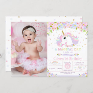 Unicorne 1er anniversaire Invitation Floral Arc-en