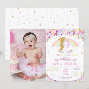 Unicorne 1er anniversaire Invitation Floral Arc-en