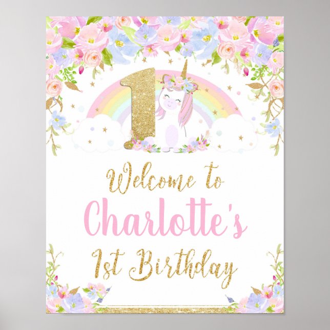Unicorne 1er anniversaire Rainbow Welcome Poster (Devant)