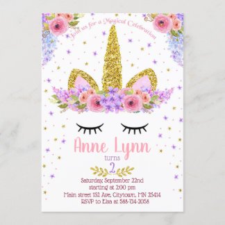 Unicorne Anniversaire invitation violet et rose
