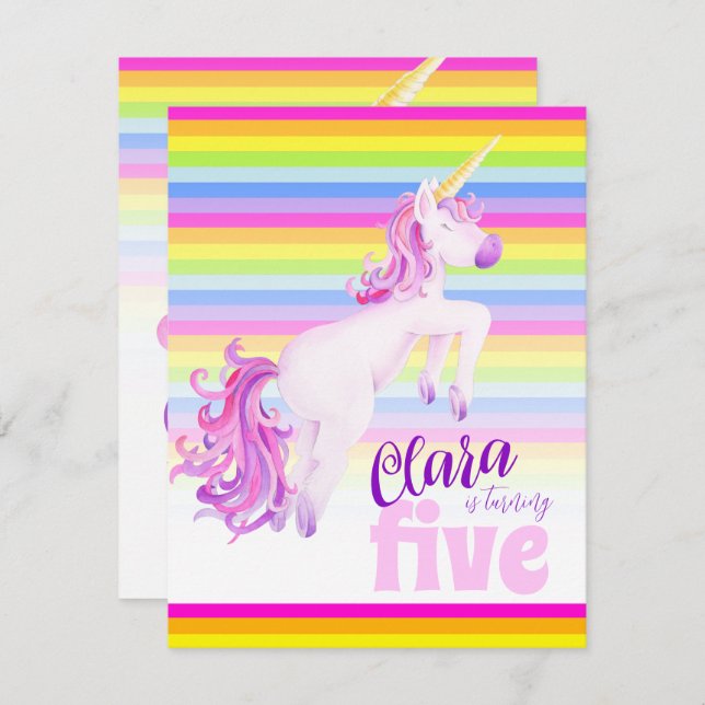Unicorne art arc-en-ciel invitations de 5e anniver (Devant / Derrière)