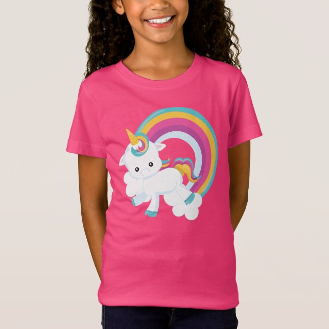 Unicorne avec T-shirt fille arc-en-ciel (Devant)