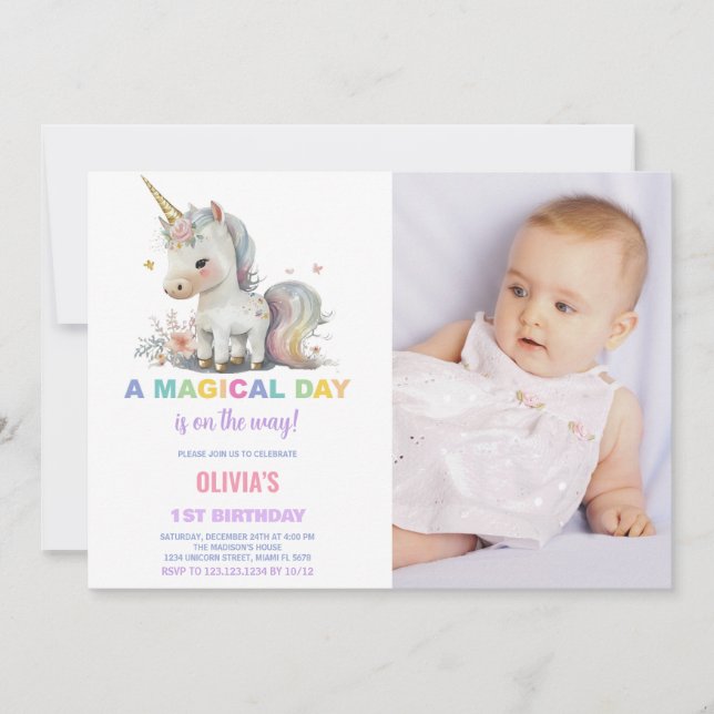 Unicorne blanche Invitations d'anniversaire avec p (Devant)