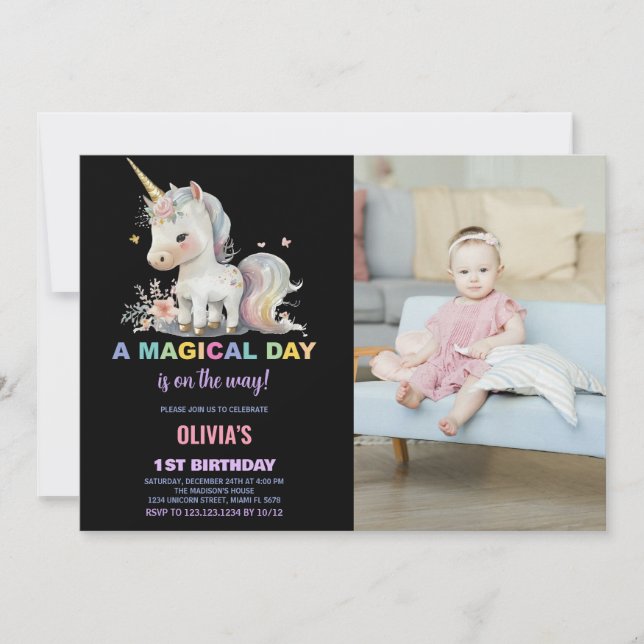 Unicorne blanche Invitations d'anniversaire avec p (Devant)